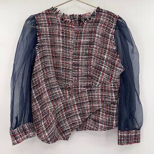 ZARA Tweed Plaid Top with Navy Sheer Chiffon Sleeves Size L